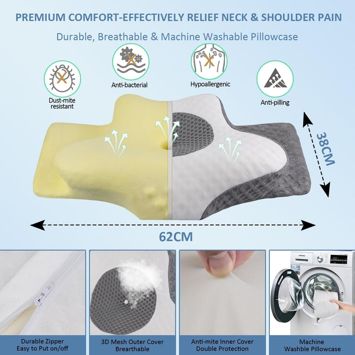 Topmener Pernă ortopedică din spumă de memorie, pernă pentru gât reglabilă, pernă ortopedică ergonomică în formă de fluture pentru susținerea gâtului în timpul somnului, pernă de dormit pentru cei care dorm pe partea dorsală și abdominală