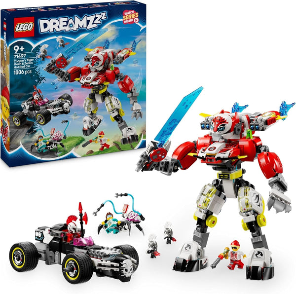 LEGO Dreamzzz Cooper's Tiger Mech și Zero'S Hot Rod Car, mașină de jucărie pentru copii, cadou pentru băieți și fete de la 9 ani, set de joacă 2 în 1 cu Mech și minifigurine 71497