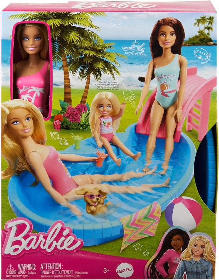 Păpușă Barbie și accesorii - piscină cu tobogan și accesorii pentru ore de distracție la soare, costum de baie roz cu design tropical, pentru copii de la 3 ani, HRJ74