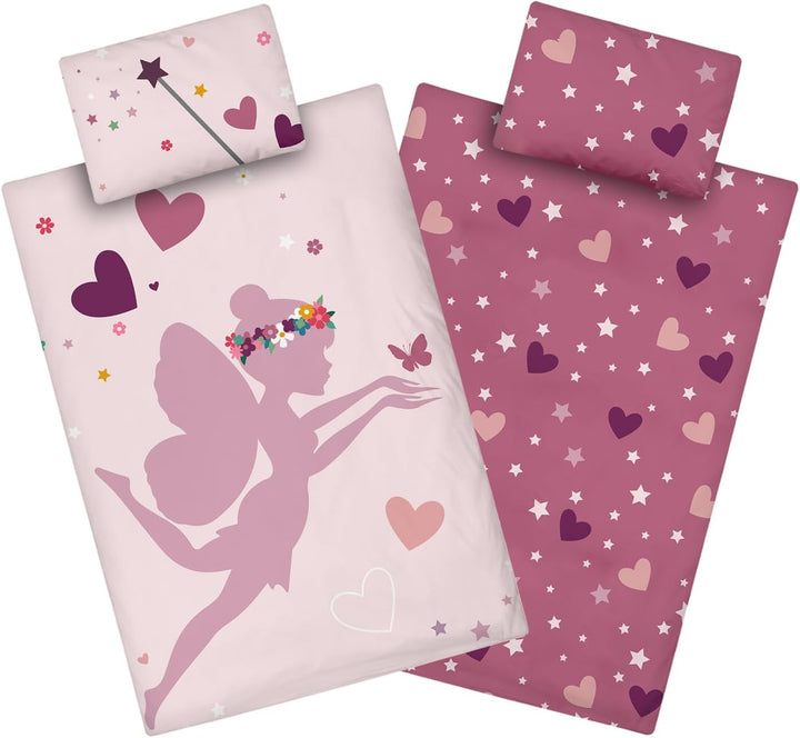 Aminata Kids Bettwäsche Feen Elfen 100X135 Cm Fee-Motiv Mädchen Baumwolle Fee Wende-Kinder-Bettwäsche-Set Prinzessin Herz-En YKK Reißverschluss Rosa - Kinderbettwäsche Fairy Einhorn Pferd