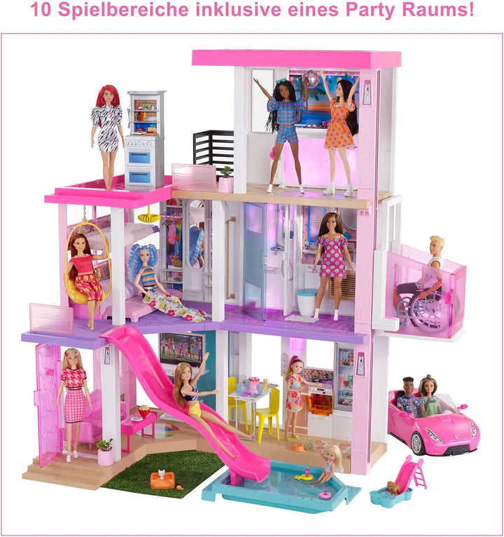 Barbie Dream House (114 Cm), casă de păpuși cu 3 etaje, piscină, tobogan, lift pentru scaun cu rotile, 75 de accesorii, păpuși, Potrivit ca cadou pentru copii cu vârsta de 3 ani și peste, GRG93