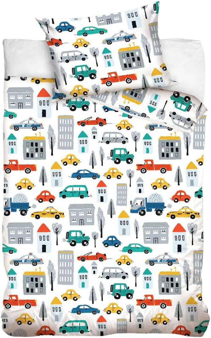 Kinderbettwäsche 100X135 Aus 100% Baumwolle - Bettwäsche Für Kinder, Auto, Car, Bagger, Fahrzeuge, Fröhlich Bunt Für Jungen, Babybettwäsche Polizei & Baustelle