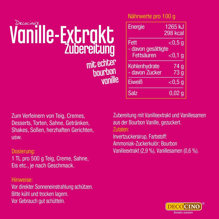 DECOCINO Vanille-Extrakt (20 Ml) Natürlicher Vanille Geschmack Ohne Alkohol, Aus Madagascar Bourbon – Für Kuchen, Torten Und Getränke – Vegan