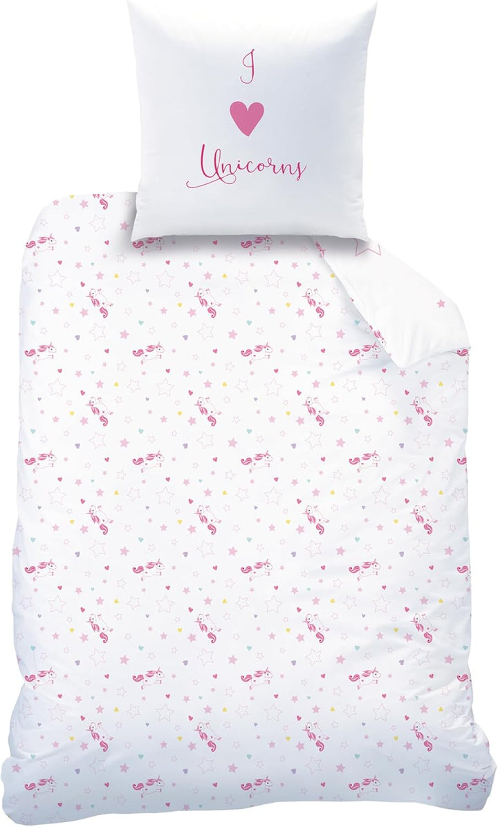 Einhorn Kinder Bettwäsche Set 2Tlg. 135X200 + 80X80 Cm, Biber, Flanell, Kuschelig Weich, Reißverschluss, Unicorn Regenbogen