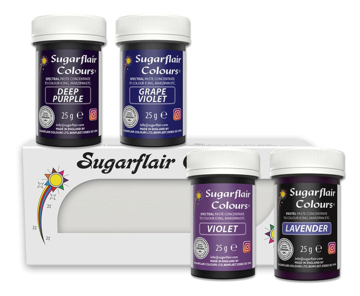 Sugarflair Pasta Lebensmittelfarben Purple Set/4, Pasta Lebensmittel Farben Für Fondant, Marzipan, Zuckerpaste, Buttercreme Und Mehr: Violet, Lavender, Grape Violet, Deep Purple - Set/4