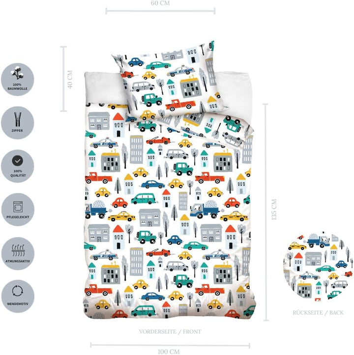 Kinderbettwäsche 100X135 Aus 100% Baumwolle - Bettwäsche Für Kinder, Auto, Car, Bagger, Fahrzeuge, Fröhlich Bunt Für Jungen, Babybettwäsche Polizei & Baustelle