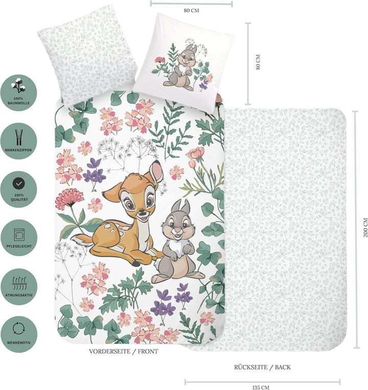 Bettwäsche 135X200, Bambi REH & Klopfer Kinderbettwäsche Für Mädchen Und Jungen, 100% Baumwolle, 1X Kissenbezug 80X80 + Bettbezug 135X200