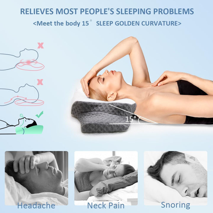 Topmener Pernă ortopedică din spumă de memorie, pernă pentru gât reglabilă, pernă ortopedică ergonomică în formă de fluture pentru susținerea gâtului în timpul somnului, pernă de dormit pentru cei care dorm pe partea dorsală și abdominală