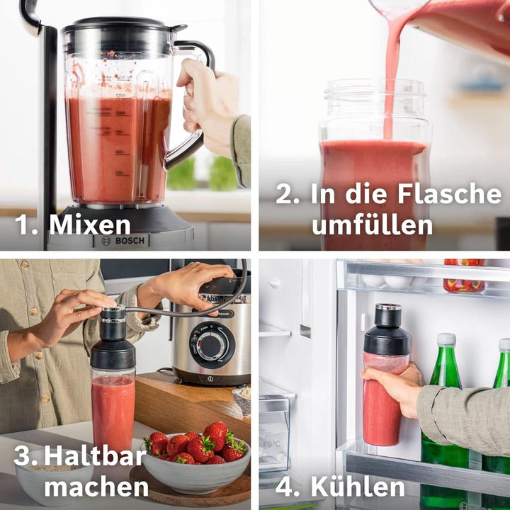 Bosch Vakuum-Standmixer Vitapower Serie 8 MMBV621M, Starke Mixleistung, Vitaminschonende Zubereitung, 4 Automatikprogramme, Vakuum-Togo Flasche, 37,000 U/Min, 1000 W, Silber