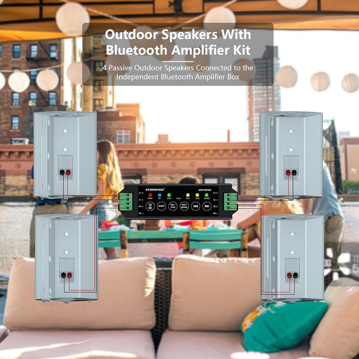 STUDIOFINIX 800W 6.5 Zoll Outdoor Bluetooth Lautsprecher Wasserdicht Verdrahtet Mit Multifunktionsverstärker Wandmontage Wetterfestes Lautsprecher-System Für Patio Garten Home(4 Lautsprecher, Weiß)